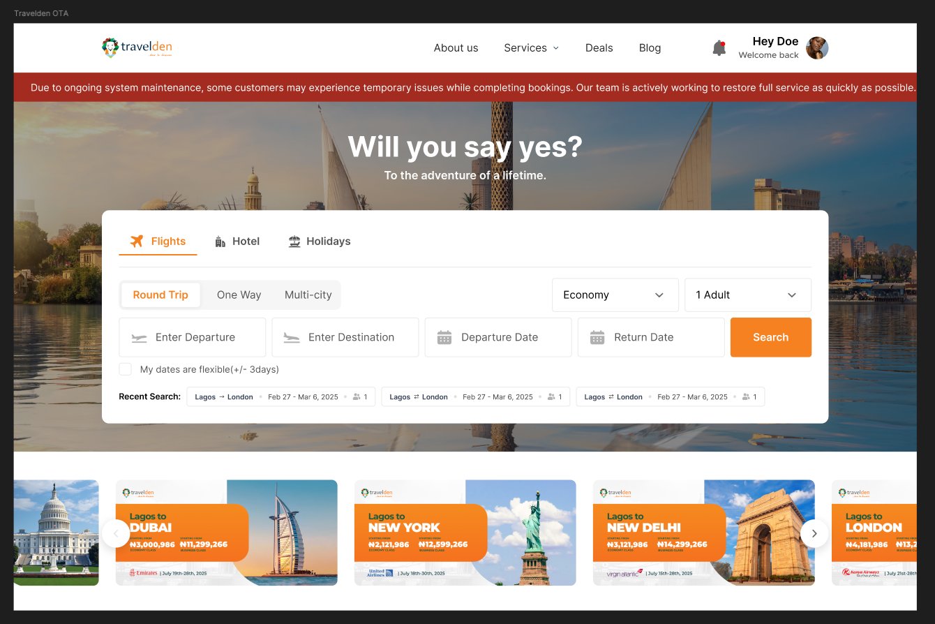 Travelden flight search homepage mockup