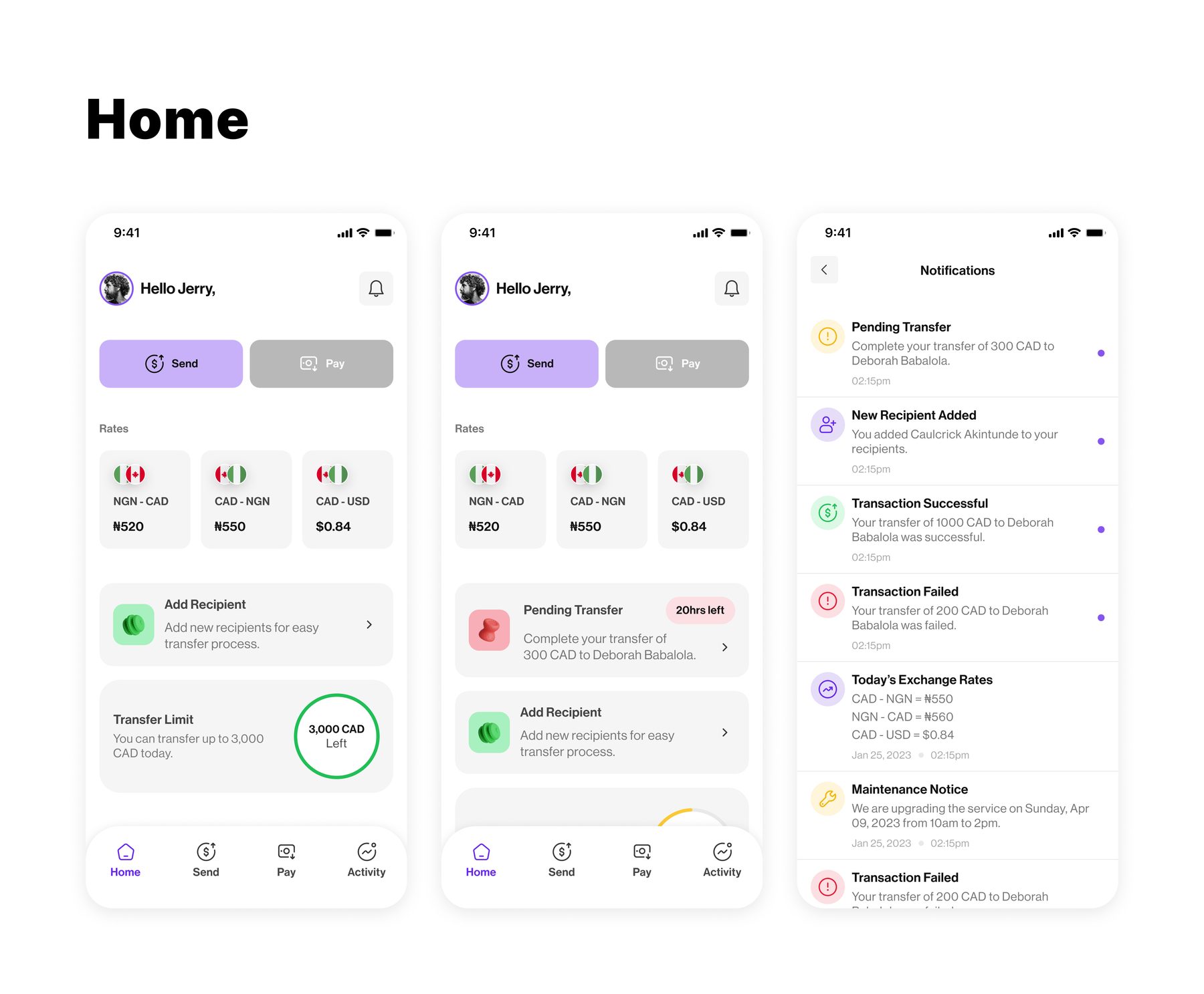 Wyrr V1 home screens showing rates and notifications