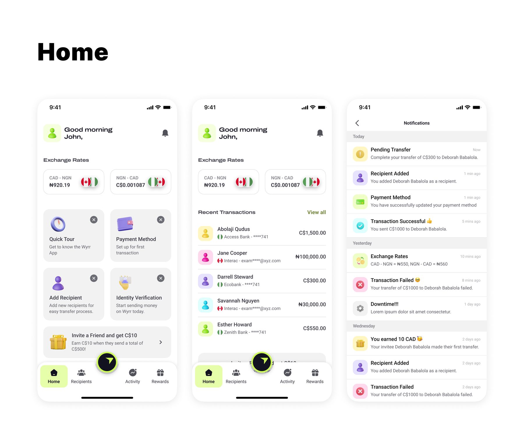 Wyrr V2 home screens showing exchange rates and recent transactions